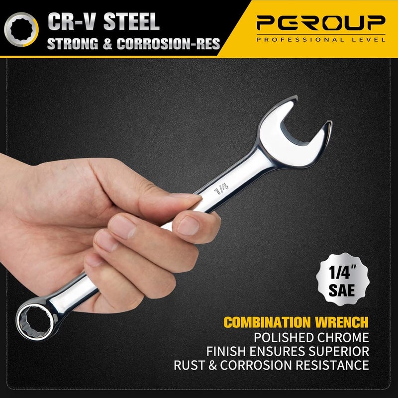 pgroup 1/4" SAE Combination Wrench, CR-V Steel with Mirror Polish, 12-Point Design, 15-Degree Offset, Perfect for Auto Repair, Household, Car & Truck Emergency - Image 3